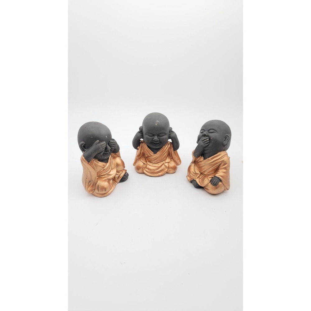 Buddha Monk Figurines Statues Hear See Speak No Evil Good Luck Set of 3 Gold Blk